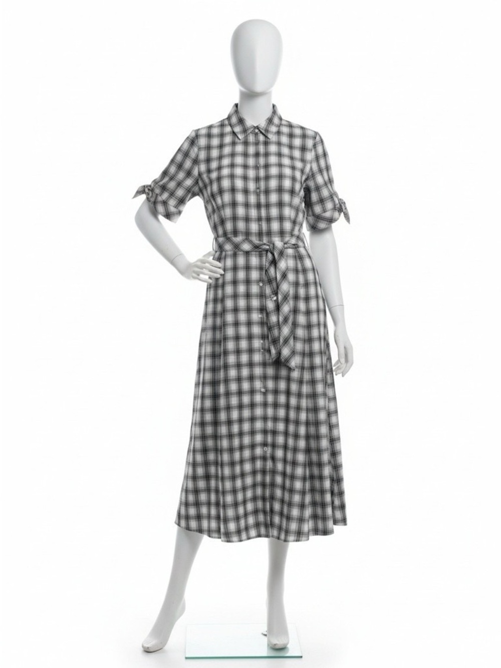 Calvin Klein Black and White Plaid Midi Shirt Dress with Tie Waist